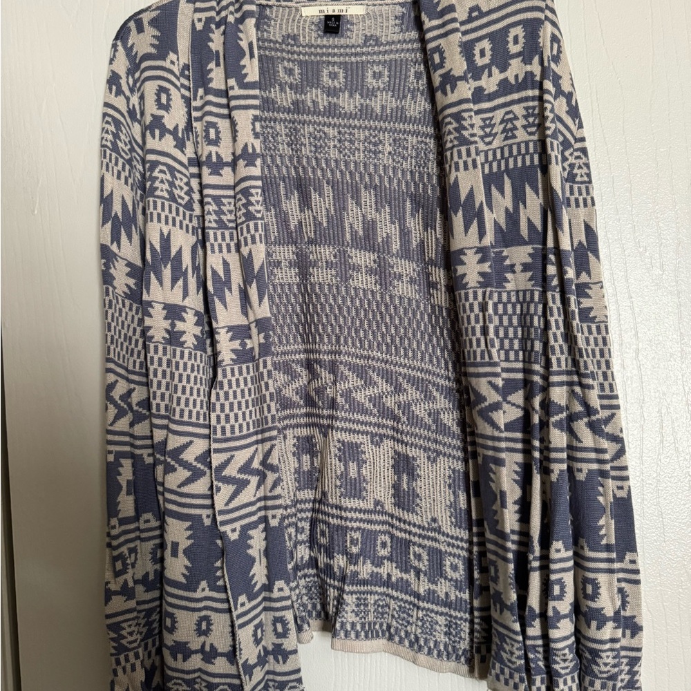 miami Open-Front Geometric Cardigan - Blue & Cream
